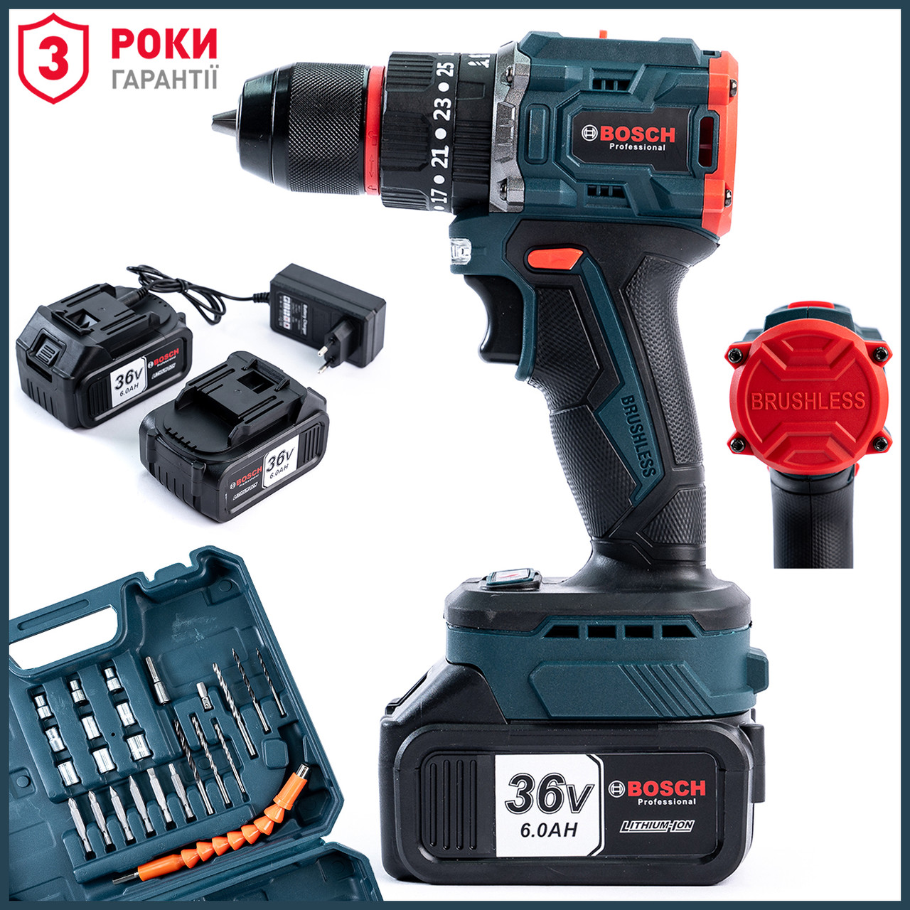 Акумуляторний ударний безщітковий шуруповерт Bosch GSB186-2li (36 V, 6 Ah) Дриль-Шуруповерт Бош із набором bs