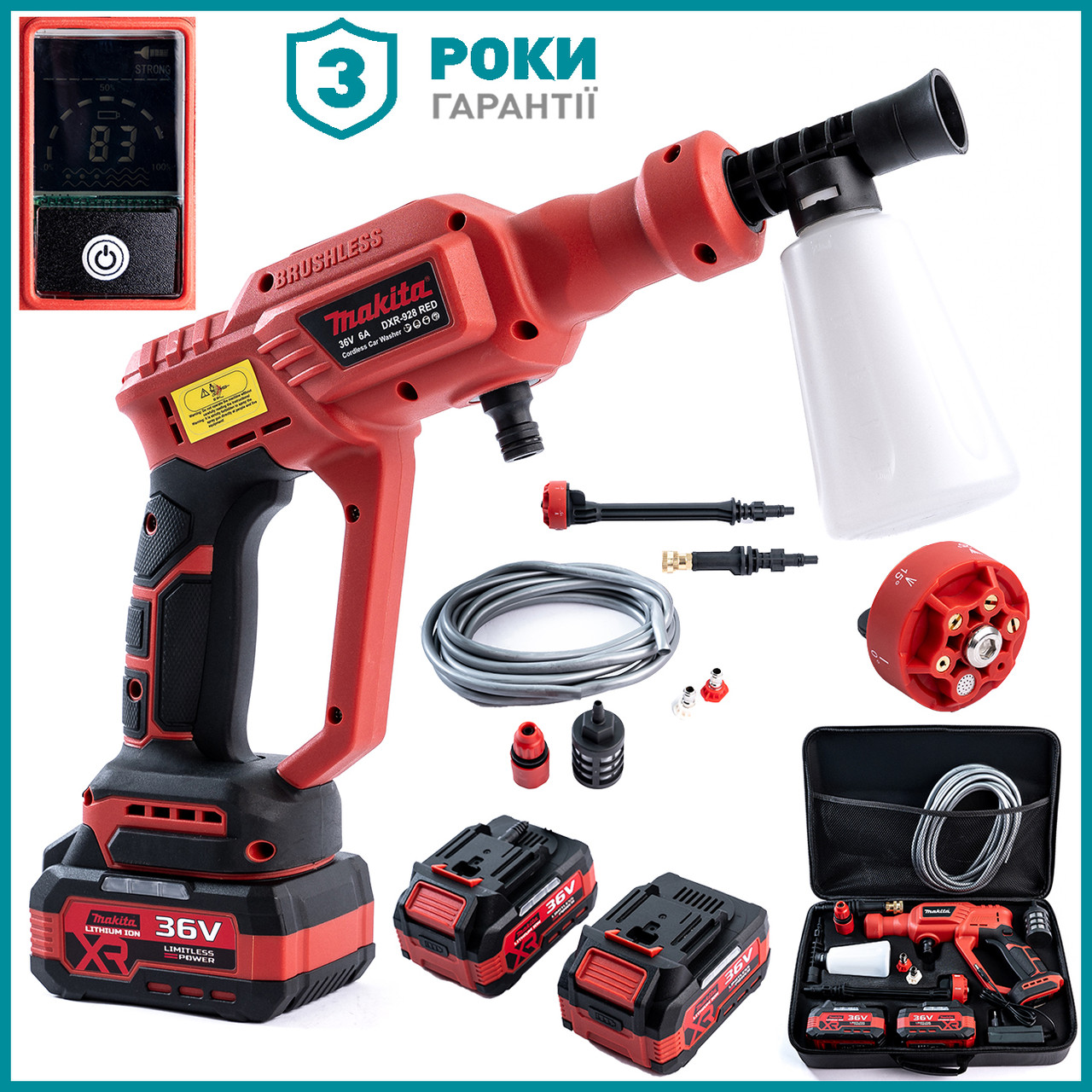 Безщіткова акумуляторна мийка Makita DXR-928 RED ( 36V, 40 БАР) Портативна автомийка Макіта з дисплеєм bs