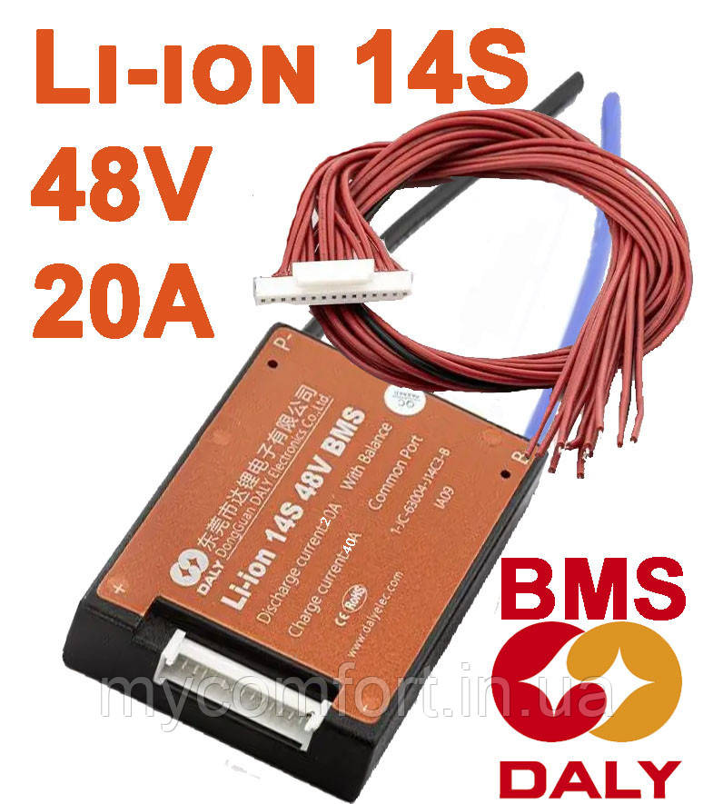 BMS Плата DaLy для захисту Li-ion 48 V 14S 20 А літієвої батареї (симетрія, вологозахисна, з балансиром)