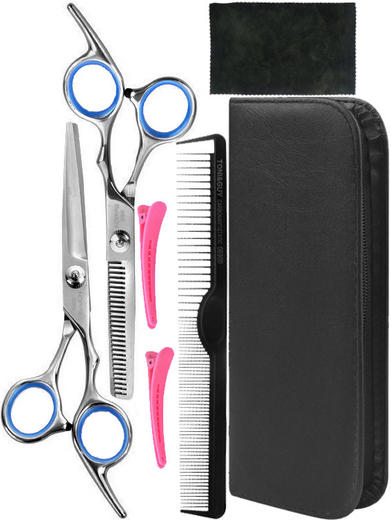 Професійний набір перукарських ножиць AVADONA 6.0 з блакитним чохлом, гребінцем, затискачами та серветкою, фото 1