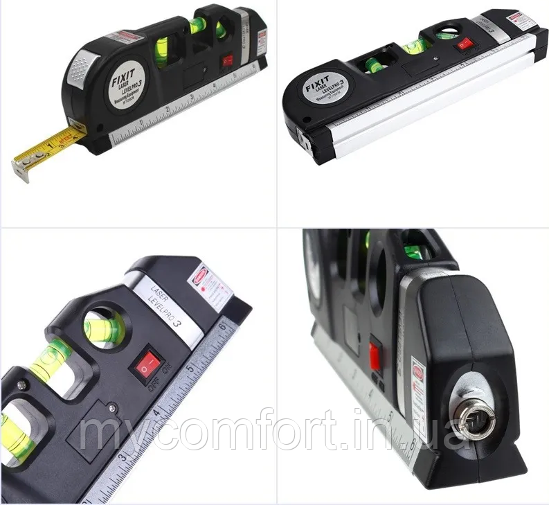 Лазерний рівень Fixit Laser Level PRO 3 з рідинним нівеліром, вбудованою рулеткою та лінійкою