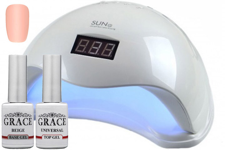 Комплект лампа для манікюру SUN 5 UV/LED 48W + камуфлююча база Grace №1 + топ Grace 8 мл, фото 1