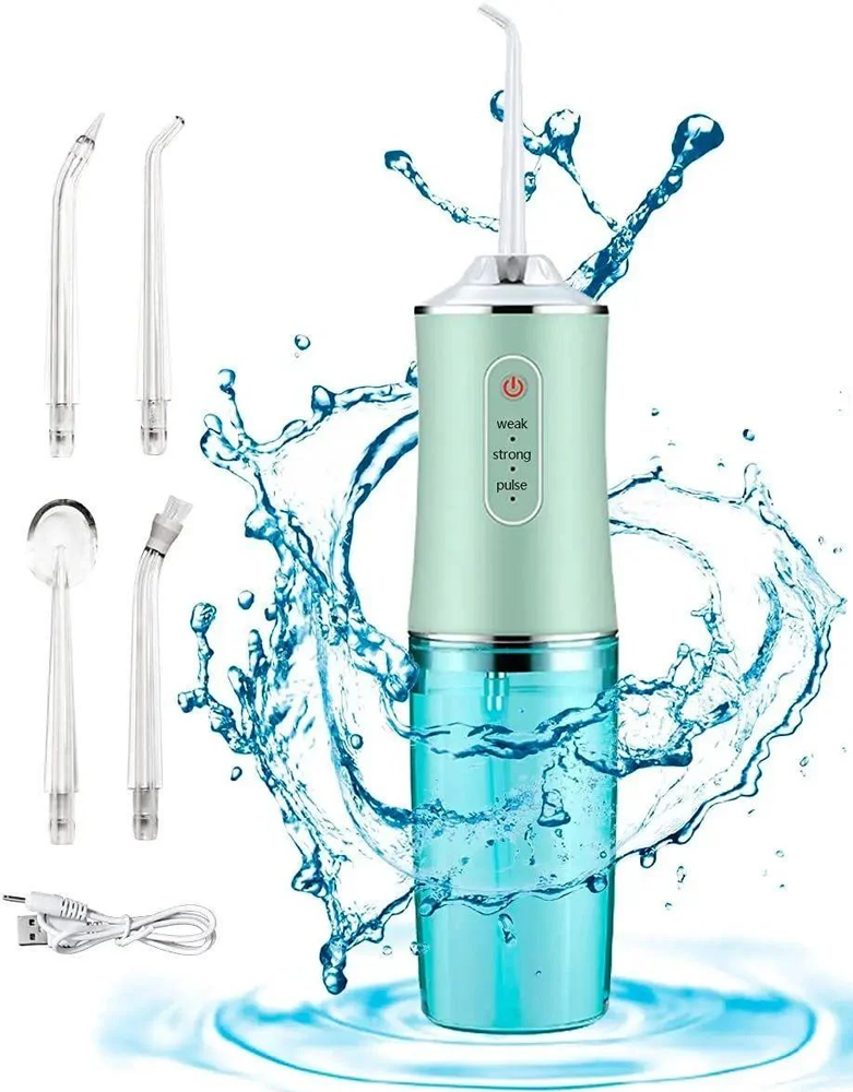 Іригатор портативний MADORU для чищення зубів, 4 насадки, зелений, фото 1