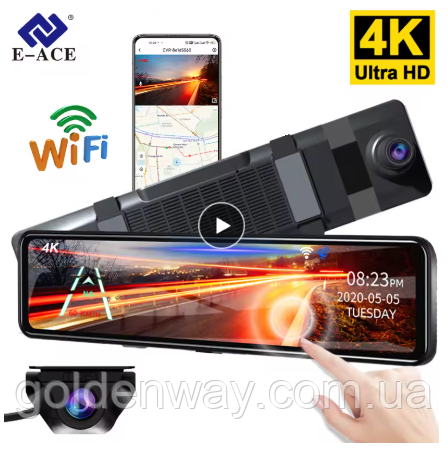 Дзеркало з відеореєстратором E-ACE A45P з екраном 12 дюймів 4K Sony IMX335 2160P WiFi + задня камера паркування 1080P