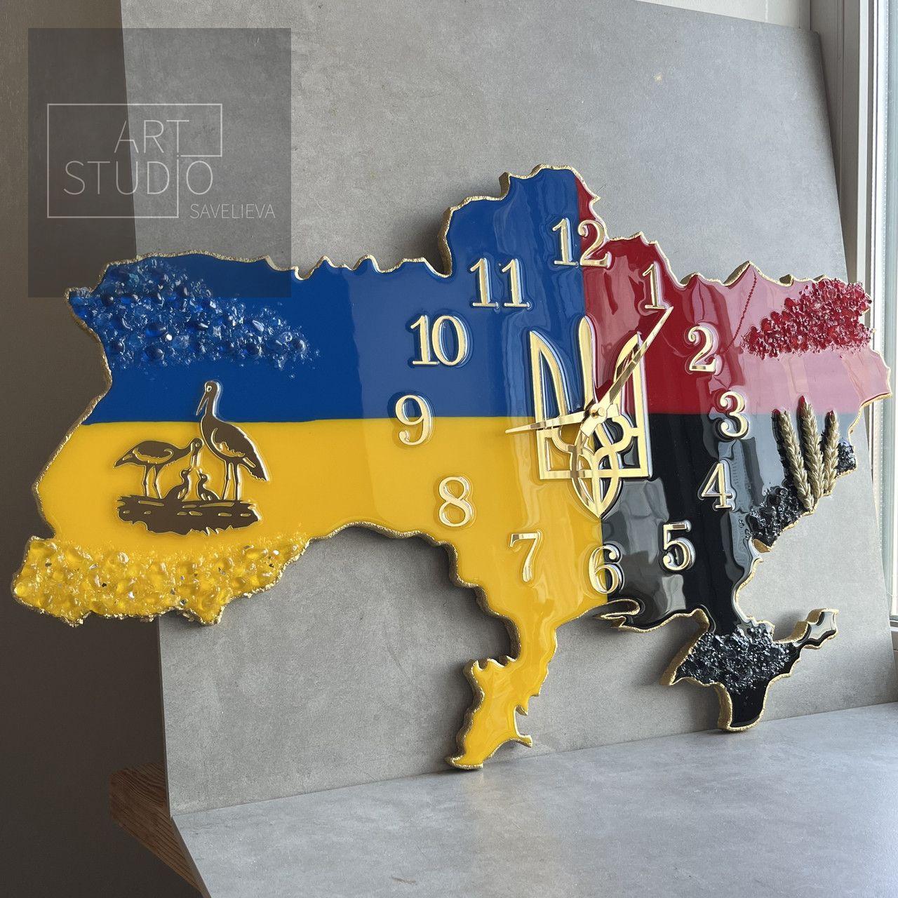 Годинник настінний з епоксидної смоли "Карта України" 40х25 см