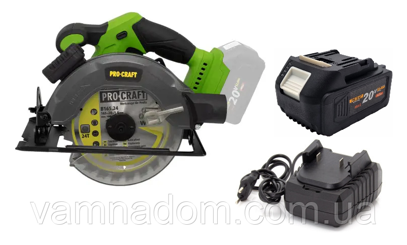 Акумуляторна дискова пила Procraft PCA28 (Акумулятор 20 В, 4 А/год і Зарядна в комплекті), фото 1