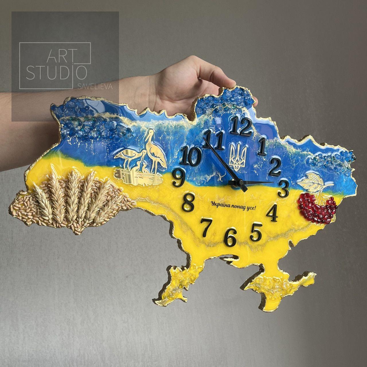 Годинник настінний з епоксидної смоли "Карта України" 40х25 см