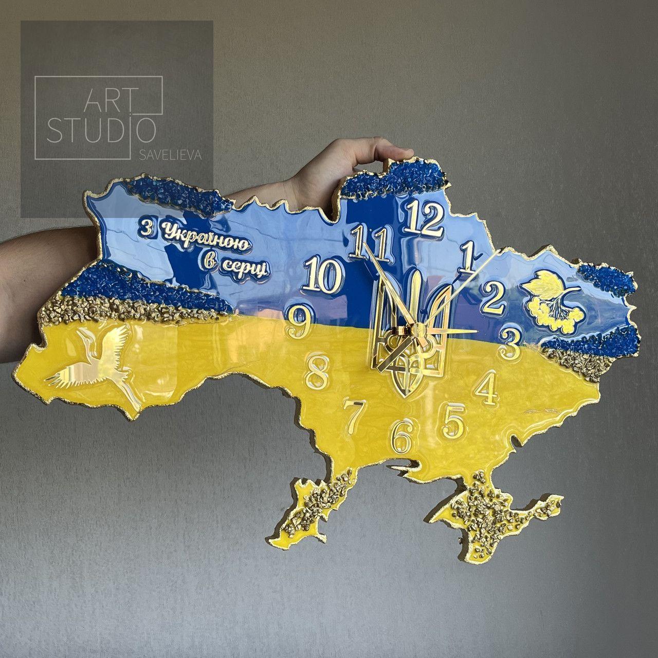 Годинник настінний з епоксидної смоли "Карта України" 40х25 см