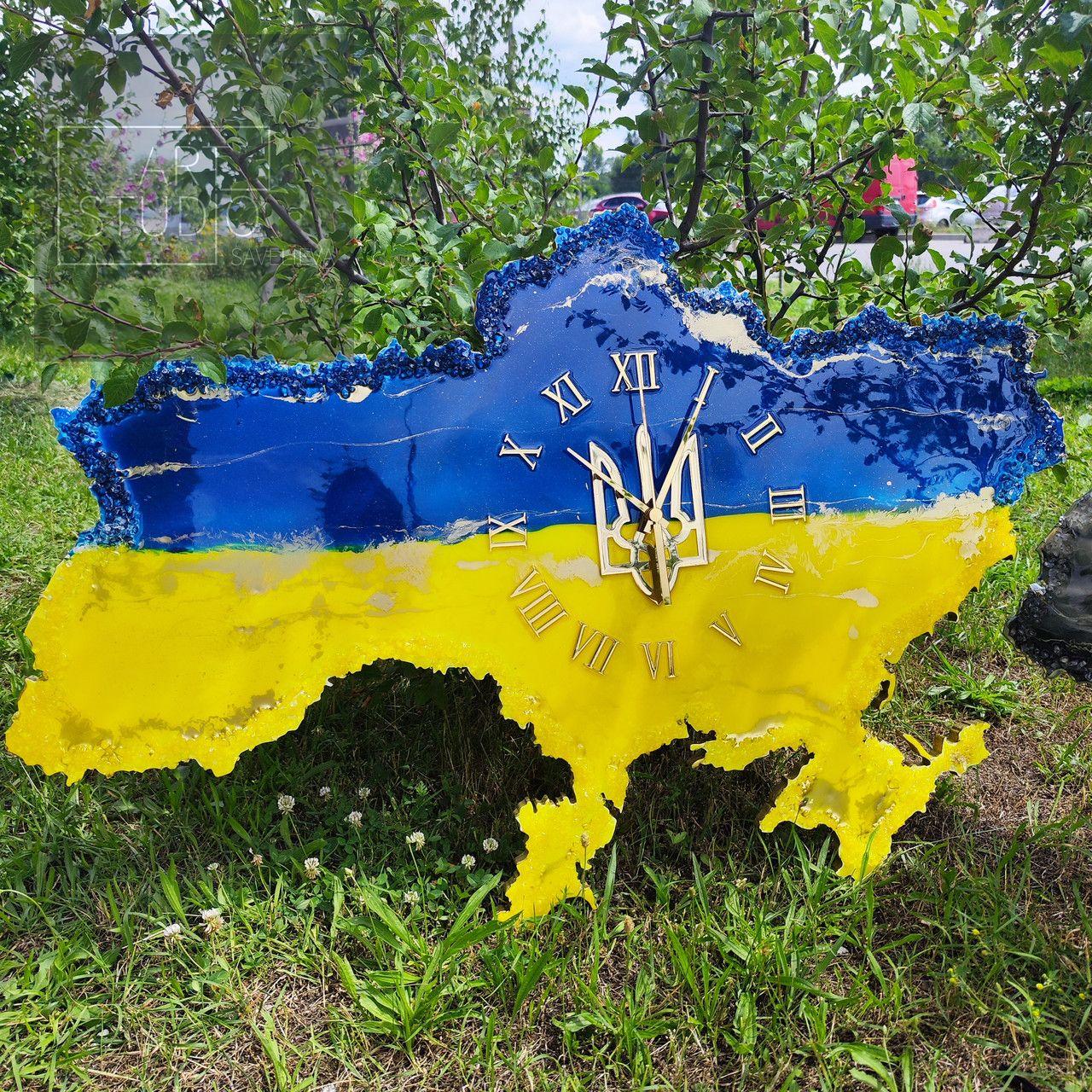 Годинник настінний з епоксидної смоли "Карта України" 40х25 см
