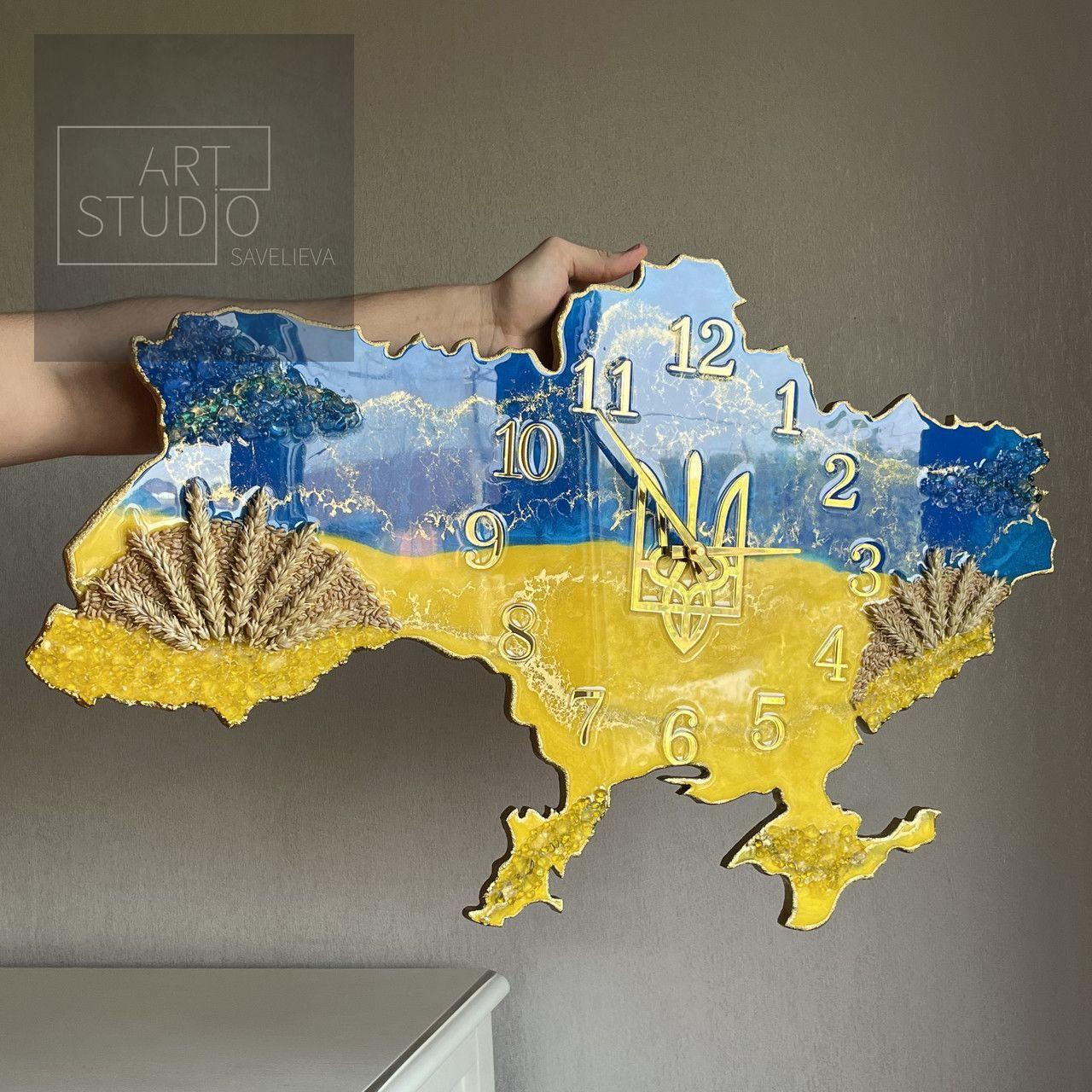 Годинник настінний з епоксидної смоли "Карта України" 40х25 см