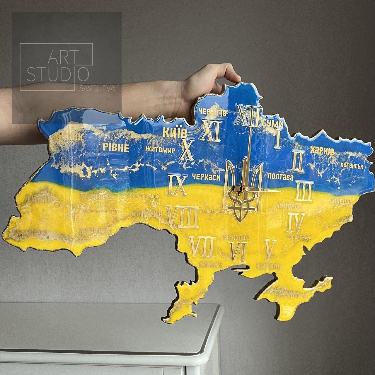 Годинник настінний з епоксидної смоли "Карта України" 40х25 см