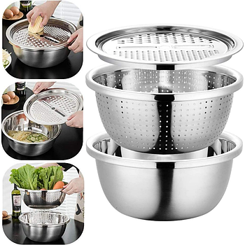Кухонний набір 3в1 Миска + Друшляк + Терка, 26см 3л з нержавіючої сталі / Багатофункціональна миска для кухні