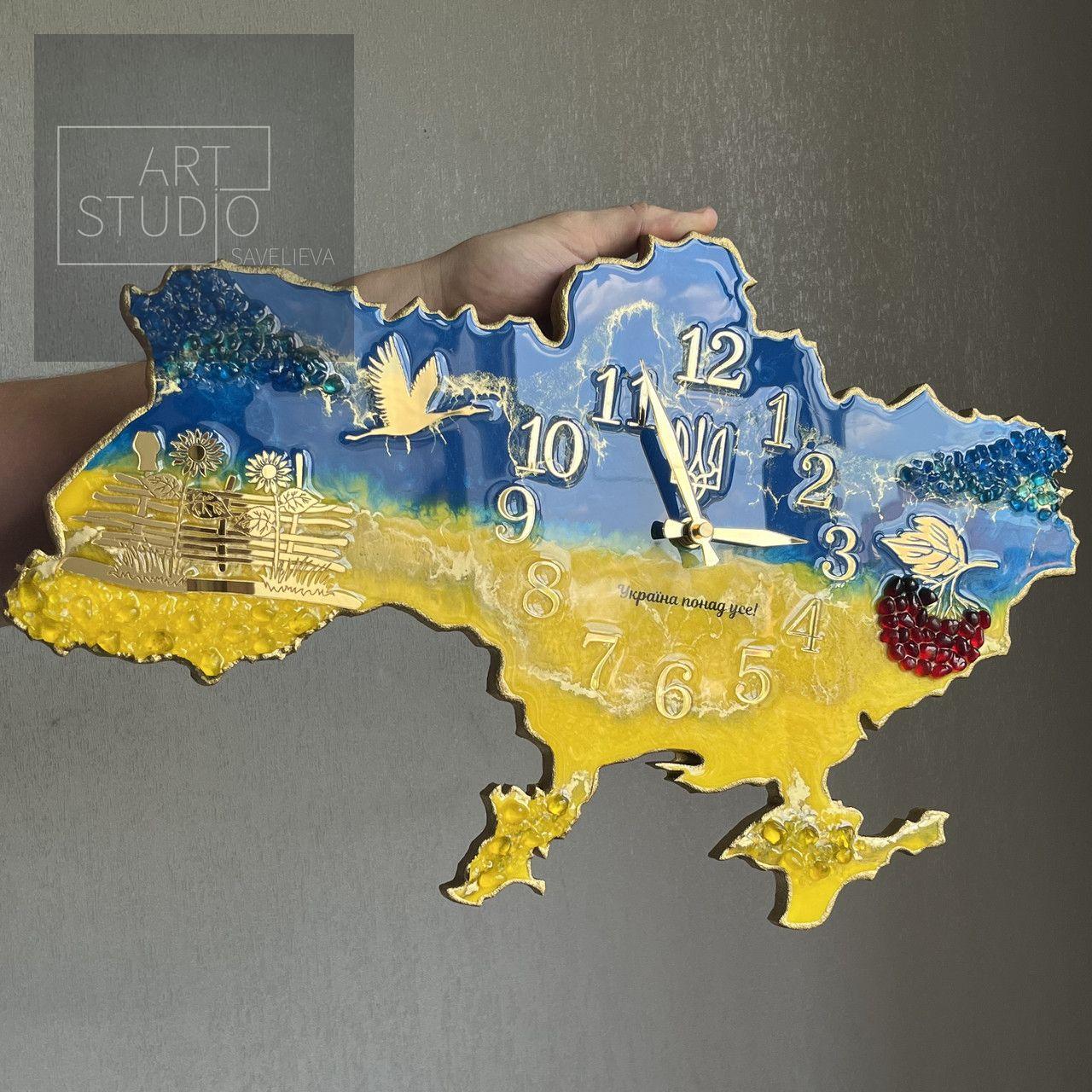 Годинник настінний з епоксидної смоли "Карта України" 40х25 см