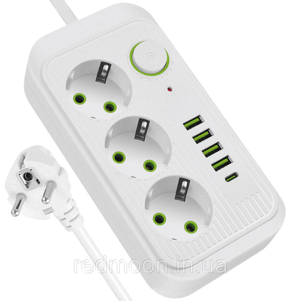 Мережевий фільтр 2500Вт, 5м, 3×220В + 4×USB + 1×Type-C, Білий / Подовжувач з USB / Переноска розетка