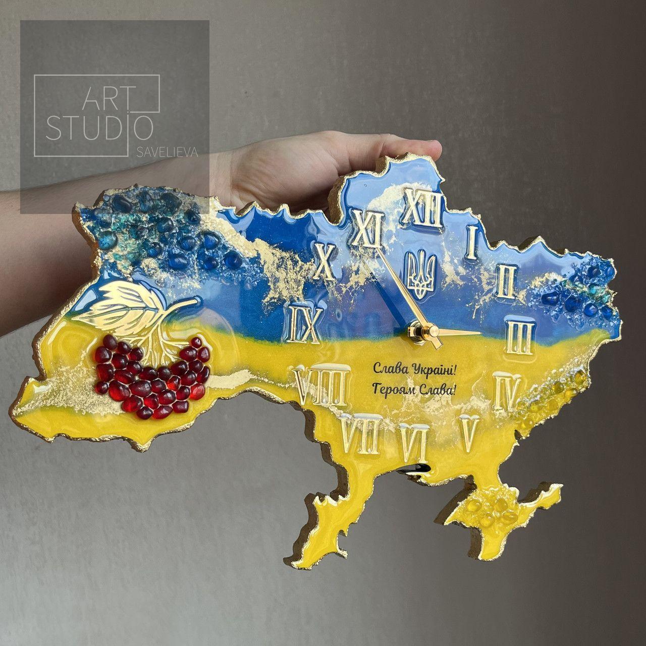 Годинник настінний з епоксидної смоли "Карта України" 40х25 см
