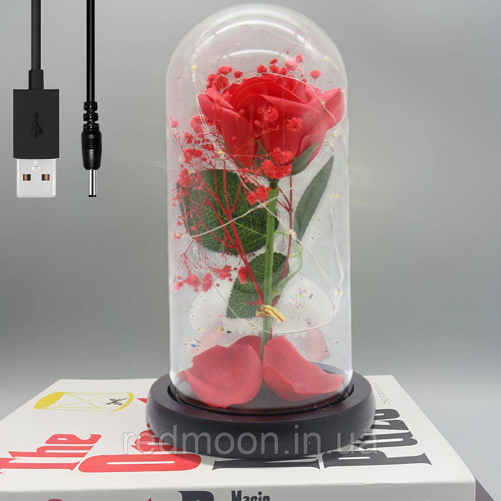 Троянда в колбі з деревом і підсвічуванням 22х8,5см, від USB, A-6, Червона / Нічник вічна троянда / Квітка в колбі, фото 1
