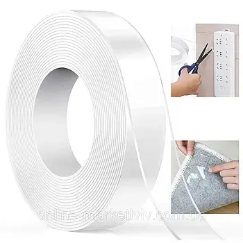 Багаторазова липка стрічка 3 м, Ivy Grip Tape / Прозорий двосторонній нано скотч / Універсальна скотч стрічка