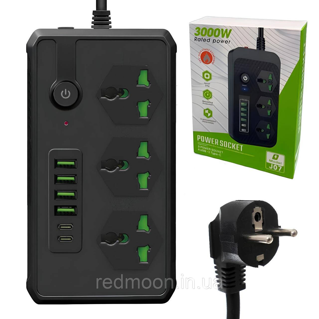 Мережевий фільтр 3000Вт, 2м, (3×220В+4×USB+2×Type-C), J07, Чорний / Подовжувач з USB / Переноска-розетка, фото 1