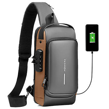 Чоловіча сумка через плече 32х16см, з USB-роз'ємом та кодовим замком, Сірий / Водонепроникна сумка слінг