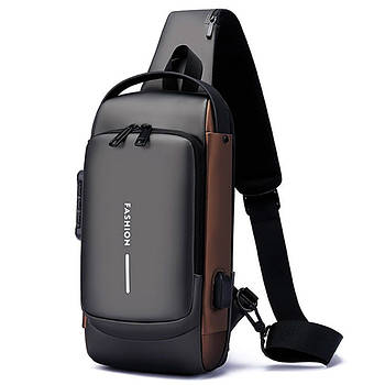 Чоловіча сумка через плече 32х16см, з USB-роз'ємом та кодовим замком, Темно-сірий / Водонепроникна сумка слінг