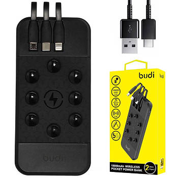 Повербанк 10000mAh, з бездротовою зарядкою + 3 перехідники, Budi M8J098 / Портативний акумулятор / УМБ