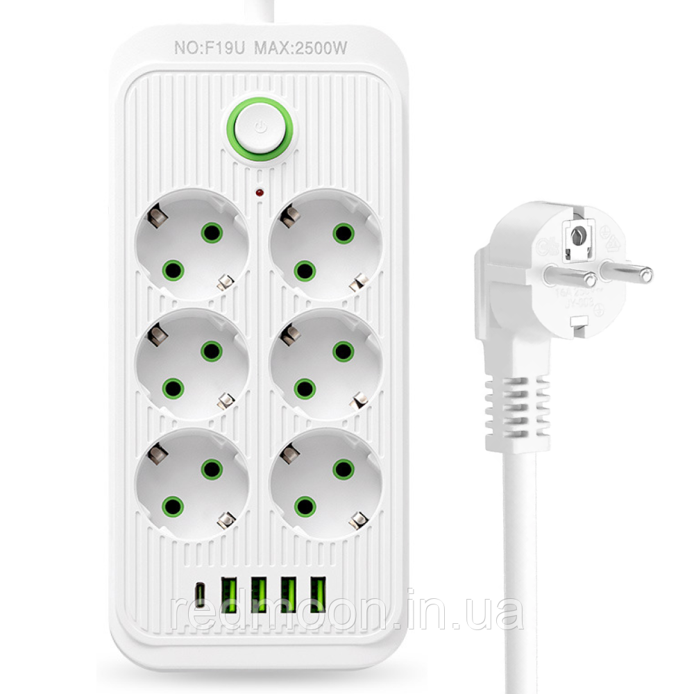Мережевий фільтр подовжувач 3м, 2500Вт, 6×220В+4×USB+1×Type-C, QL-1075U / Універсальна переноска-подовжувач