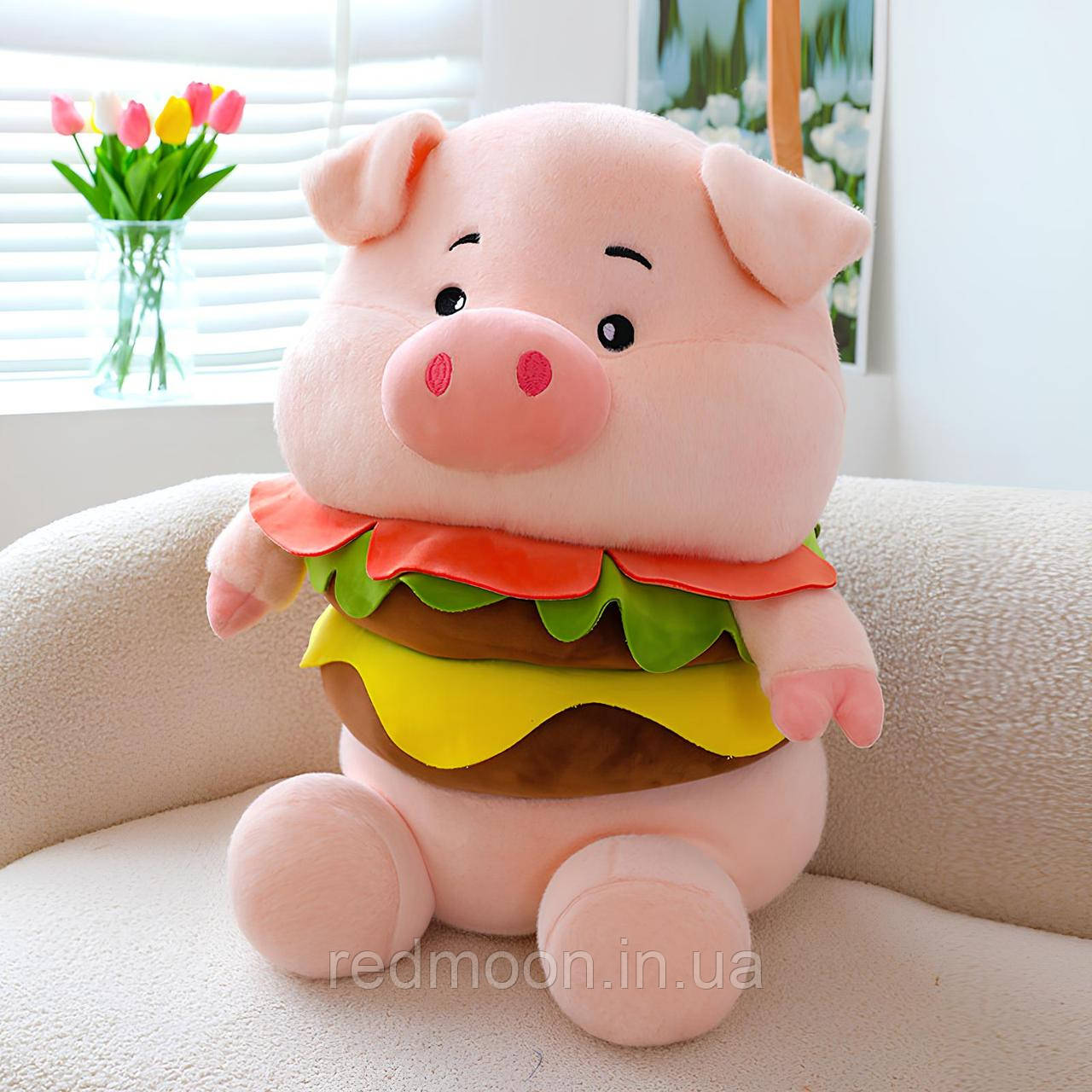 М'яка іграшка (50см) Свинка-бургер / Плюшева іграшка свинка / Іграшка-обнімашка / Іграшка-подушка, фото 1