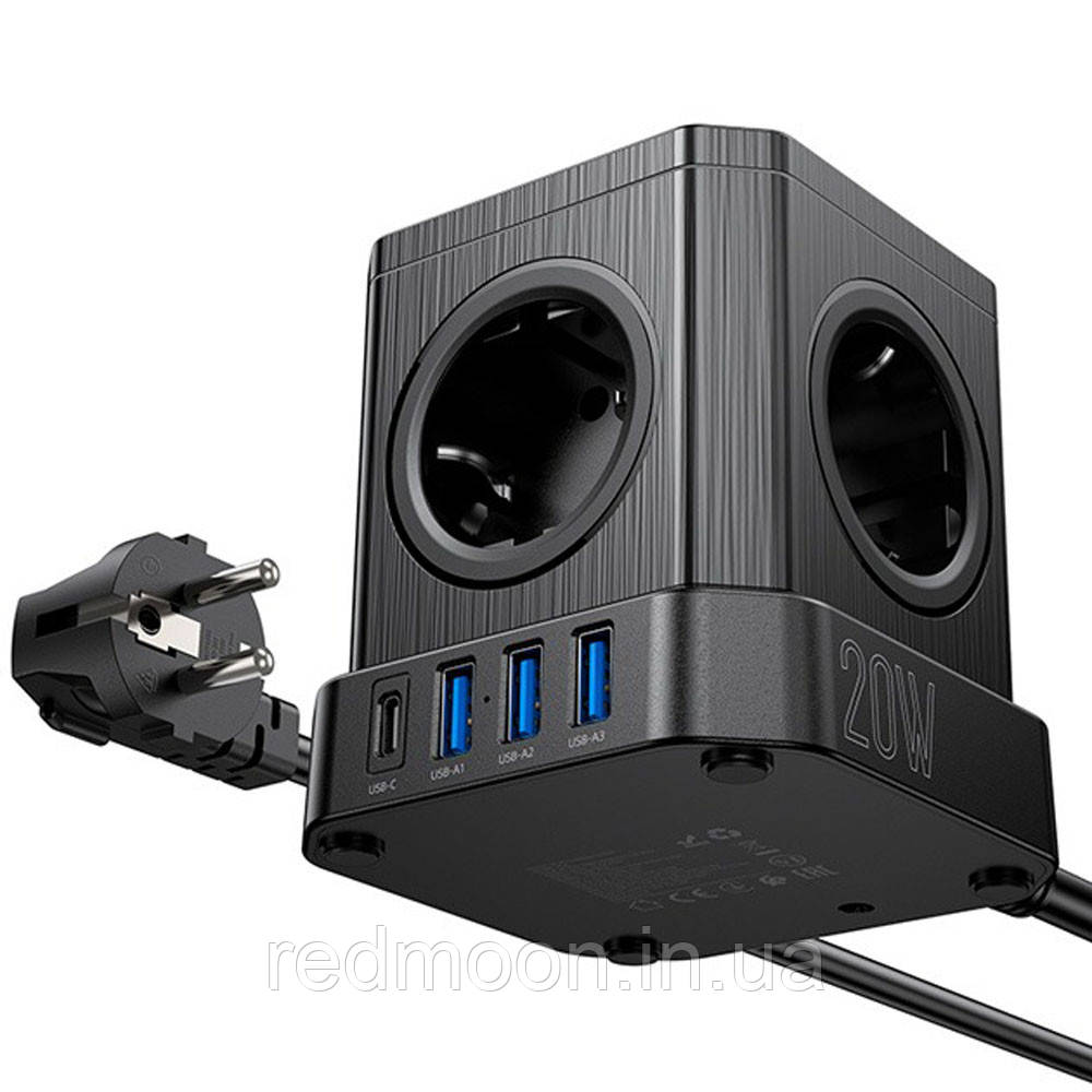 Мережевий фільтр 4 КВт, 5 гнізд, 3хUSB, 1хUSB-C, 20W, 2 м, NS8 / Переносний подовжувач / Фільтр живлення / Трійник