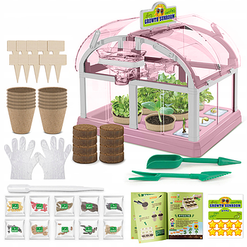 Набір для вирощування рослин для дітей з насінням "Домашня теплиця", Рожевий / Дитячий набір садівника
