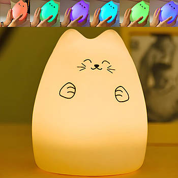 Дитячий нічник силіконовий 7 режимів, RGB, з USB, Котик / Нічник з акумулятором / Світильник нічник для дітей