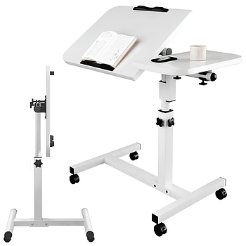 Приліжковий столик на коліщатках 69-95*60*40см, 2 стільниці, T01 / Поворотний приставний столик для ноутбука