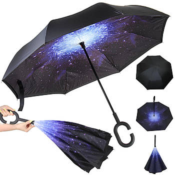 Складна парасолька на оборот Зоряне небо, 8 спиць, Lesko Up-Brella / Парасолька зворотного складання / Парасолька від дощу