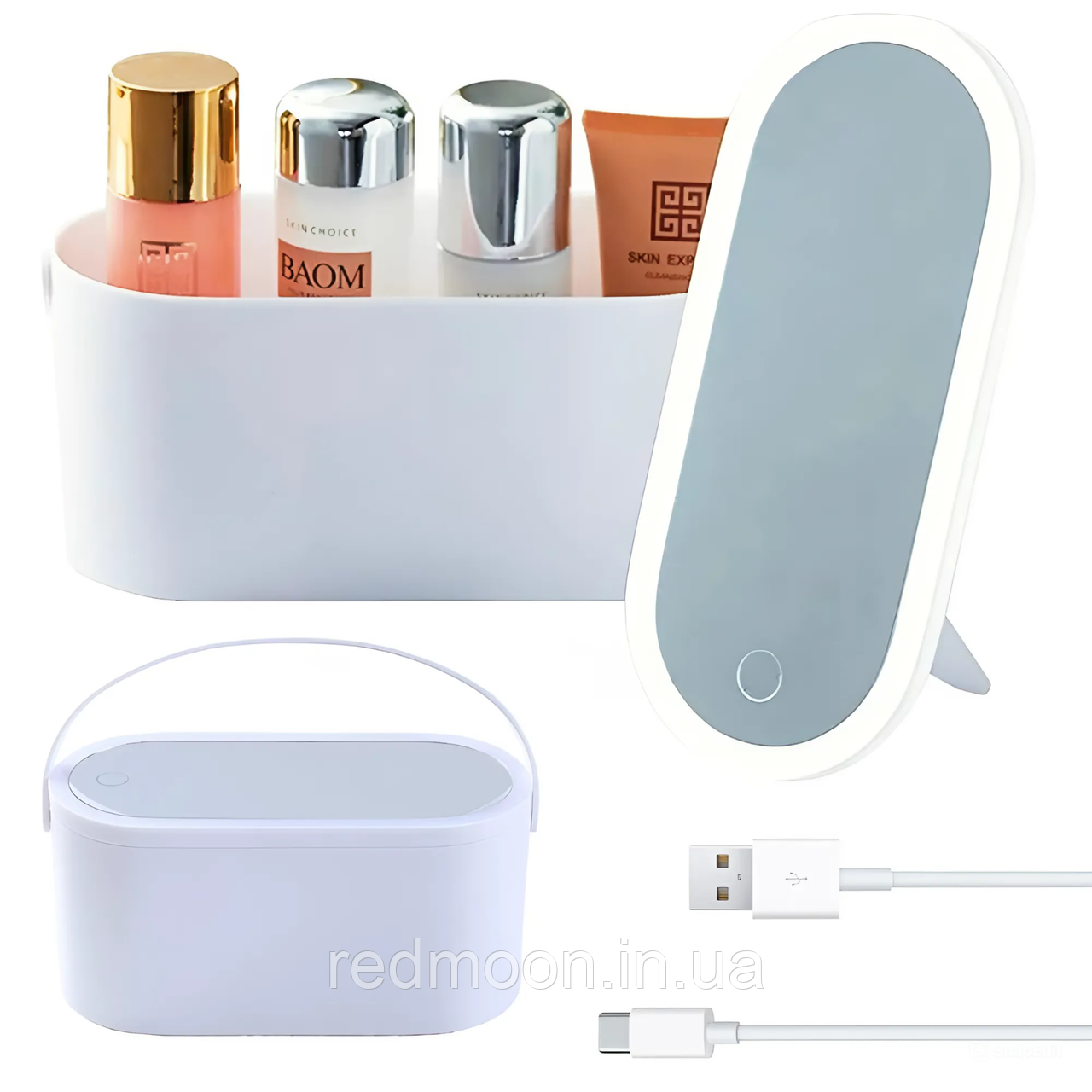 Органайзер для косметики з дзеркалом та підсвічуванням, від USB, Білий / Косметичка з дзеркалом / Бокс для косметики, фото 1