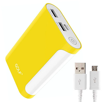 Повербанк 7500мАч з індикатором заряду (2хUSB), Golf, Жовтий / Power Bank / Портативний зовнішній акумулятор