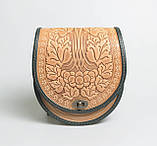 Жіноча шкіряна сумка ручної роботи з тисненим орнаментом «Калина» бежево-зелена сумка з натуральної шкіри, 20*21*8 см, фото 5