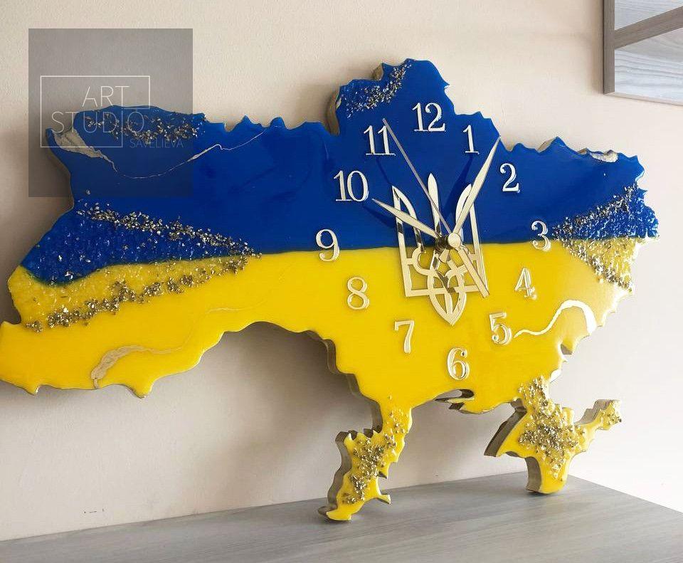 Годинник настінний з епоксидної смоли "Карта України" 40х25 см