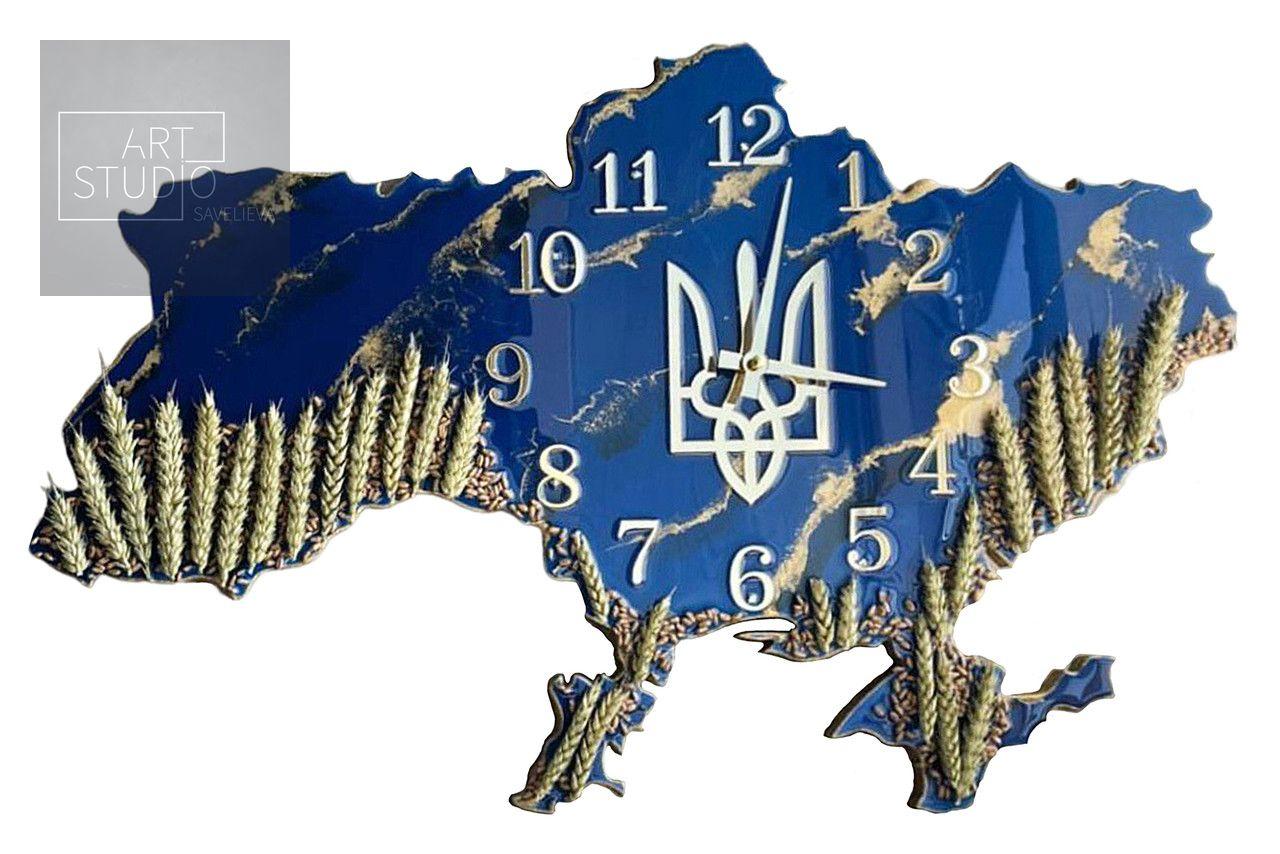 Годинник настінний з епоксидної смоли "Карта України з колосками" 40х25 см
