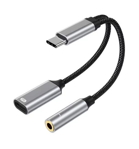 Перехідник кабель-адаптер Type C - Type C+Jack 3.5 AUX спліттер