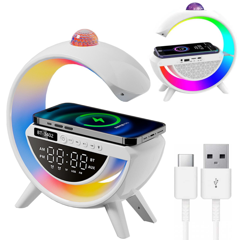 Настільна RGB лампа з колонкою, дискошаром та бездротовою зарядкою, BT 3402 / Розумна лампа нічник / Смарт лампа, фото 1
