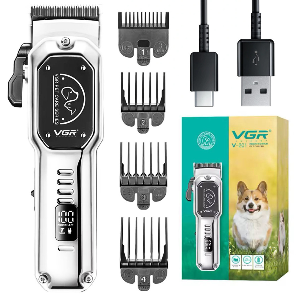 Акумуляторна машинка для стрижки тварин + 4 насадки, від USB, VGR V-201 / Бездротова машинка для грумінгу
