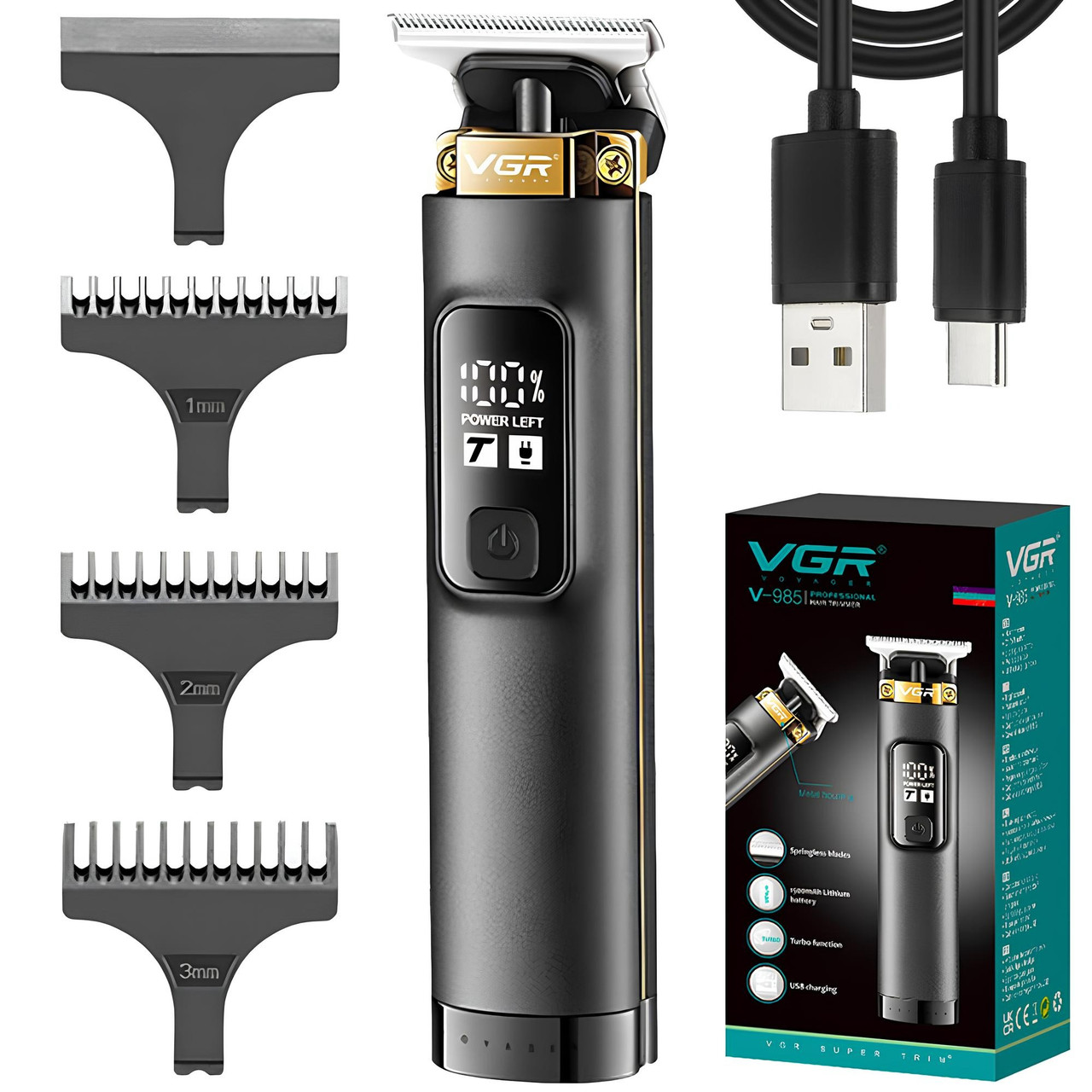 Акумуляторна машинка для стрижки волосся, 3 насадки, з USB, VGR V-985 / Тример для бороди / Чоловічий тример