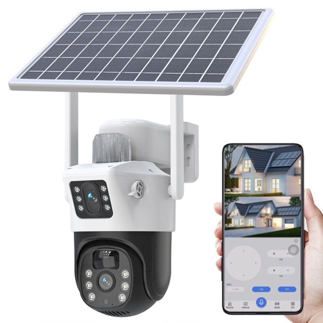 Вулична IP-камера з сонячною панеллю (2 об'єктиви) 4G, V380 / Бездротова камера відеоспостереження, фото 1