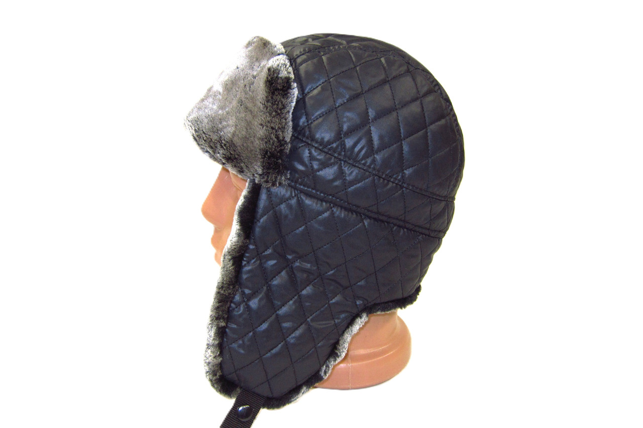 Шапка вушанка з чорної плащової тканини зі штучним хутром. DAVANI 55014, фото 1