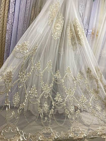 Тюль Сітка 3D з фатину з вишивкою кремова