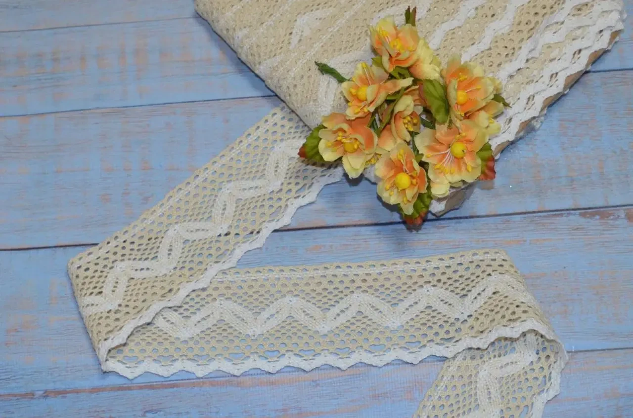 Мереживо 6,5 см біло-бежеве натуральне бавовняне., фото 1