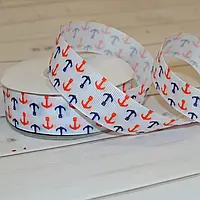 Репсова стрічка з малюнком Якір біла 2.5 см (бобіна 18 м).