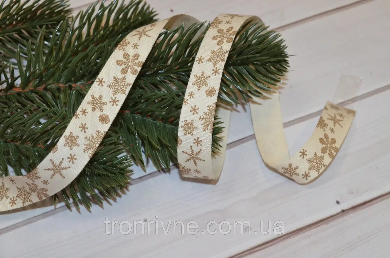 Тканинна стрічка з малюнком Сніжинка 15 мм (бобіна 18 м)., фото 1