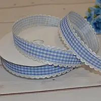 Тканинна стрічка блакитна клітка з мереживним обідком 2 см (бобіну 18 м).
