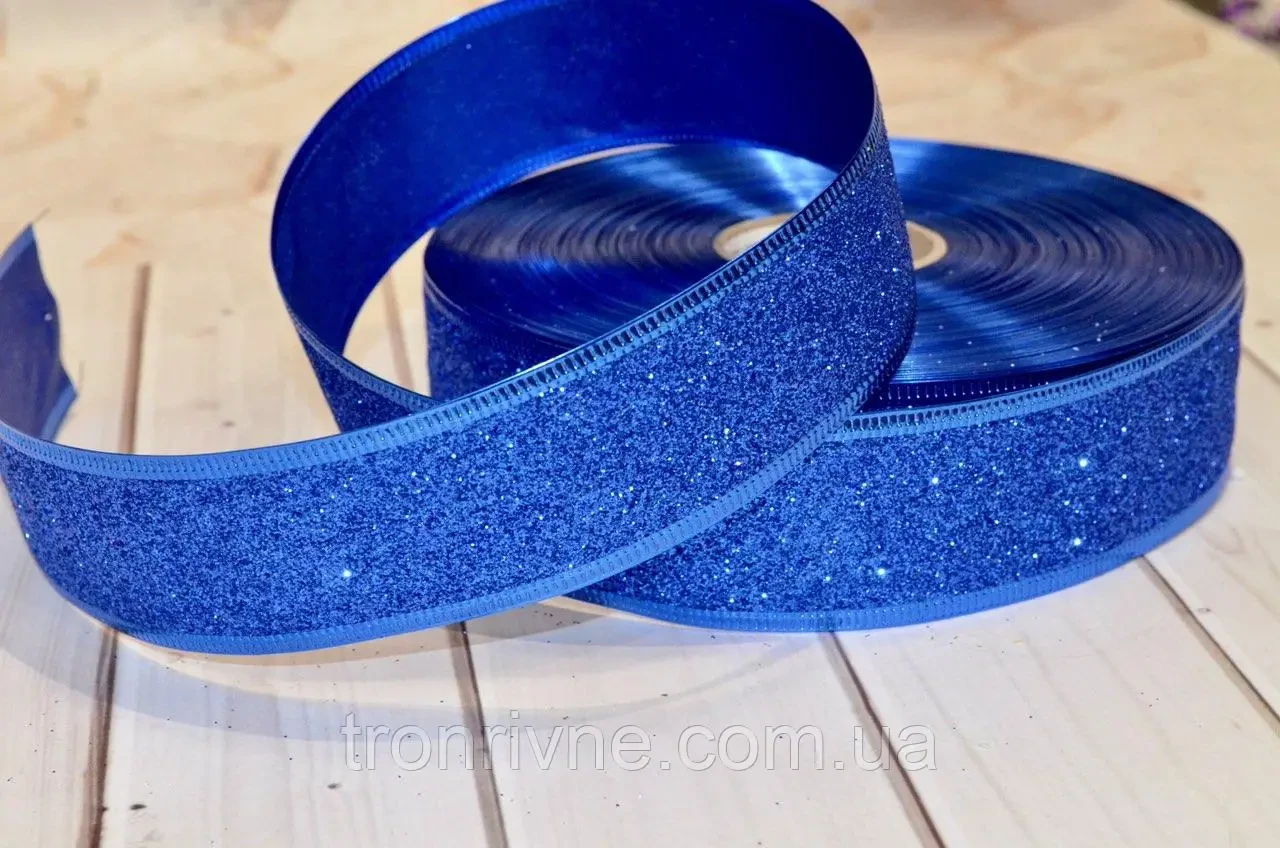 Стрічка новорічна глітер синя 38 мм, фото 1