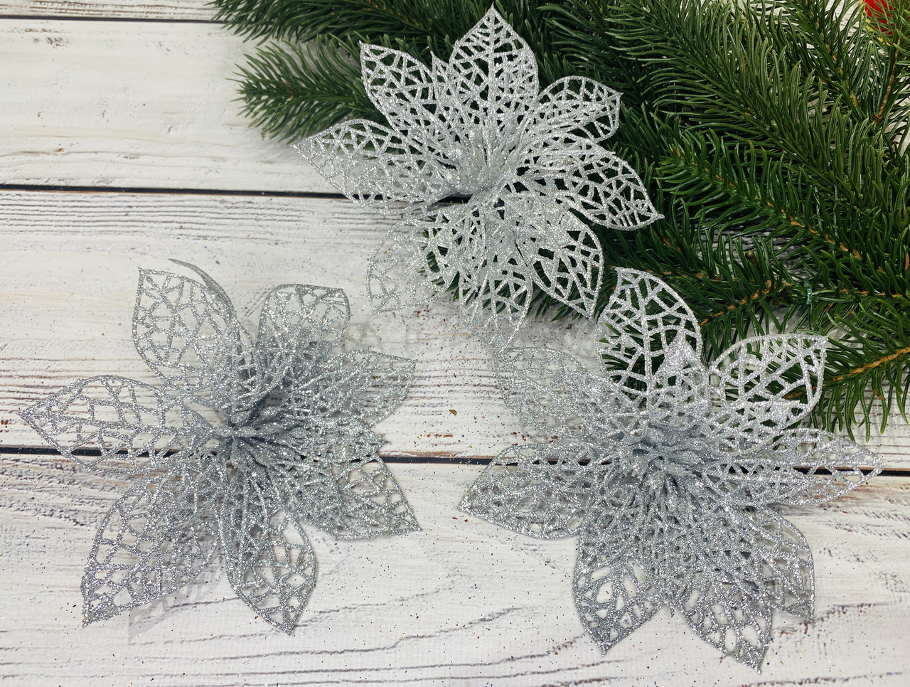 Різдвяна квітка Пуансетія. Колір — срібло. Діаметр 13 см, фото 1